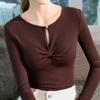 Верхняя часть с длинными рукавами, базовая рубашка, женская универсальная осенне-зимняя футболка с круглым вырезом и длинными рукавами на пуговицах