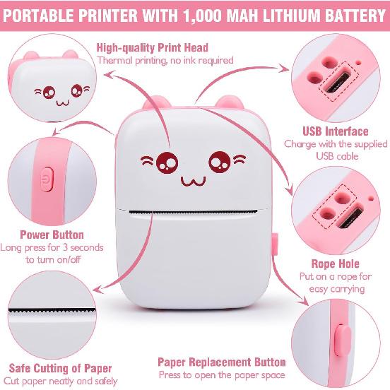 Eschen Pocket Mini Printer, Portable Printer with 6 Rolls Printing Paper for iOS Android Smartphone, Label Receipt Sticker Photo List Notes Inkless