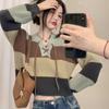 Retro Contrasting Pullover Striped Tie Up V-neck Sweater Women Autumn and Winter Slimming Top Short Sweater Pullover Female
