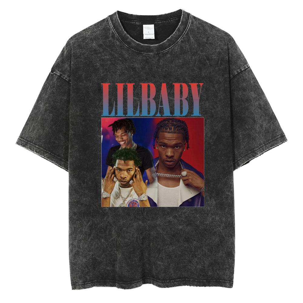 Хип-хоп Рэпер Стирка Винтаж Черный Lil Baby Футболка Унисекс Мода Оверсайз Футболка с коротким рукавом Обычная Мужская Футболка Унисекс Уличная одежда