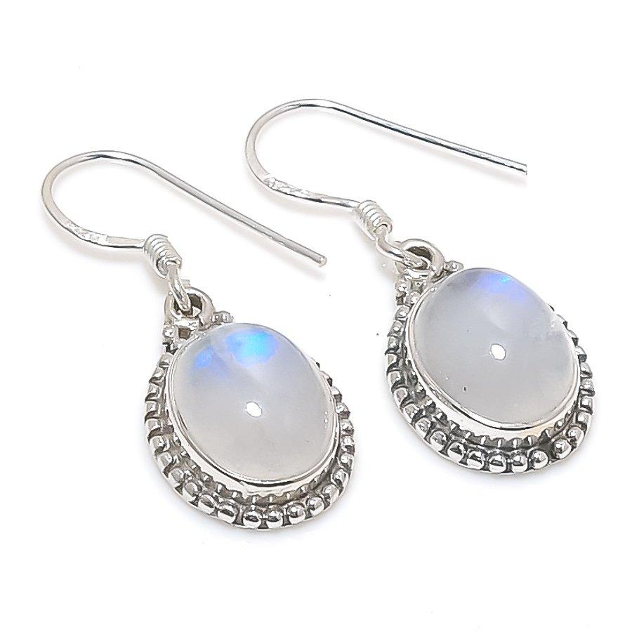 Natural Rainbow Moonstone Gemstone 925 Solid Sterling Silver Earring 1.25" U7Q74