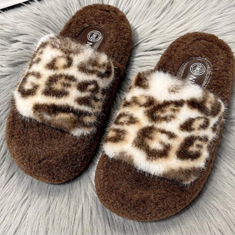 Low Flat Shoes Female Shallow Woman's Slippers Winter Footwear Luxury Slides Fur Flip Flops 2024 Designer Plush Leopard Rubber F