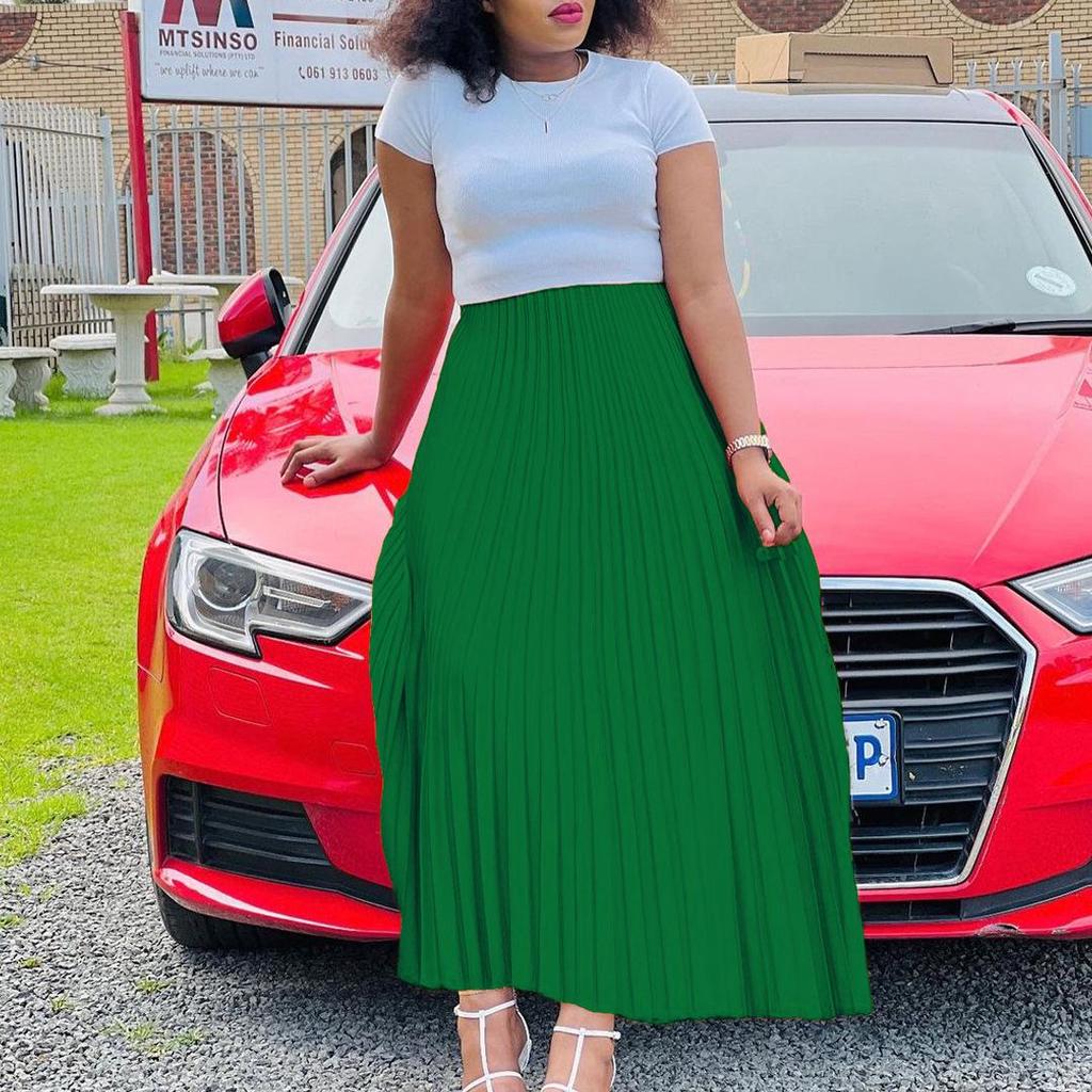 Женская плиссированная макси-юбка больших размеров 2022 года — однотонная, с высокой талией, в европейском и американском стиле