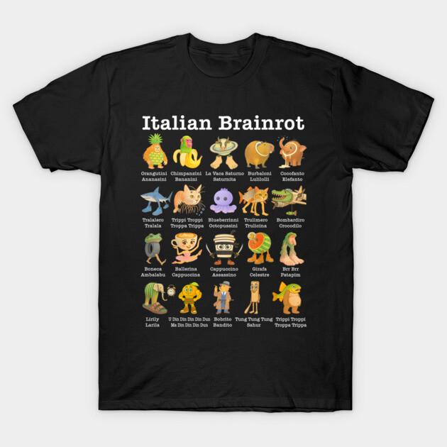 Asian Size Men Black Print T-shirt Types Of Italian Brainrot Meme Character No-Cut Print Cotton Tshirt
