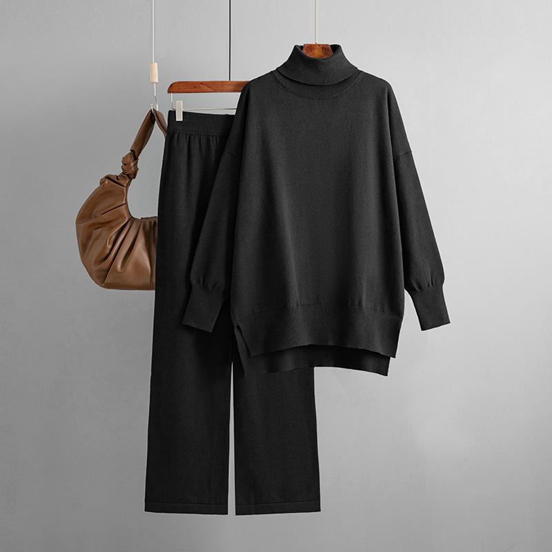 Autumn and Winter Women's Knitted Sweater Set High Neck Solid Color Slit Sweater Loose Casual Long Sleeve Tops Long PantsTwo Piece Set