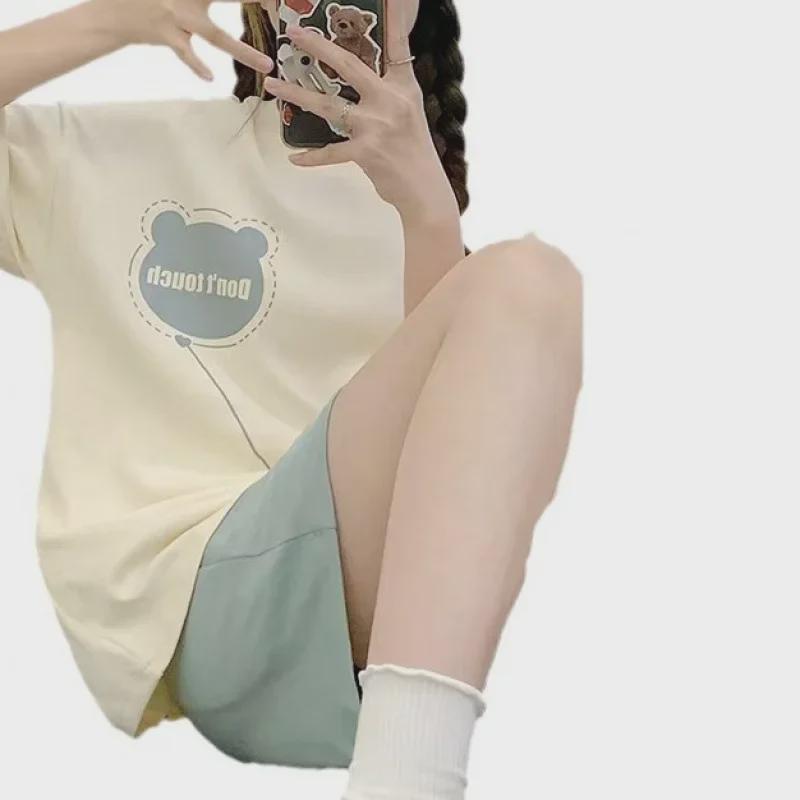 Женский летний пижамный комплект с мультяшным принтом – топ с короткими рукавами и шорты, свободный крой, новый стиль 2024 года