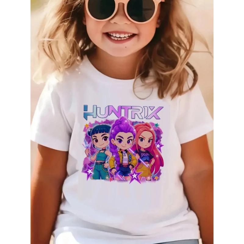 Футболка Huntrix Kpop Охотники на Демонов для Мальчиков Девочек Хлопок Подарок Фанатам Летняя С Круглым Вырезом С Коротким Рукавом Модная Детская Футболка