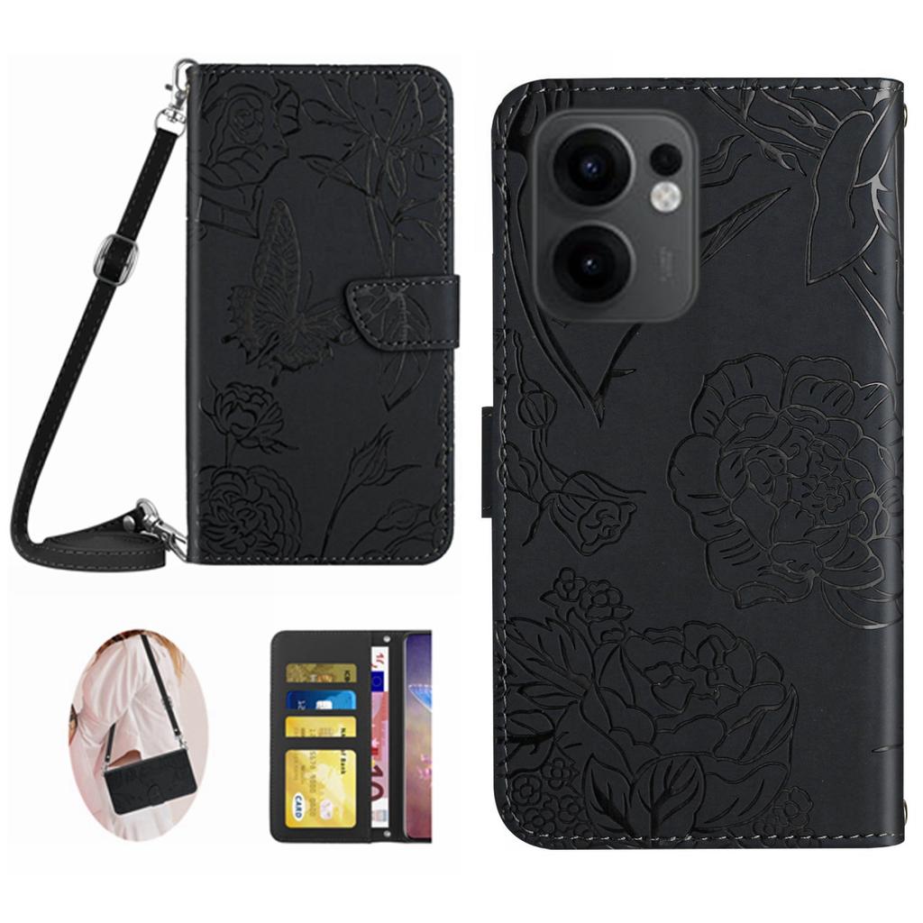 For Oppo Reno13 F 4G/5G Case Butterfly Flower Imprint Leather Phone Cover with Shoulder Strap
