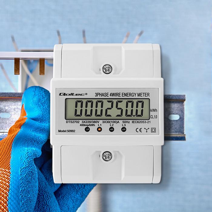 Qoltec Three-phase bidirectional electronic meter | DIN rail energy meter | 400V | 100A | LCD | 4P