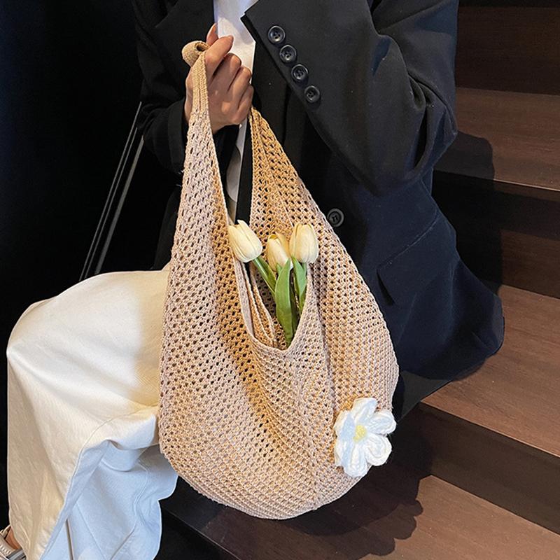 Women's Casual Hollow Out Wicker Woven Ladies Handmade Totes Bag Large Capacity Summer Beach Floral Decor Female's Shoulder Bag