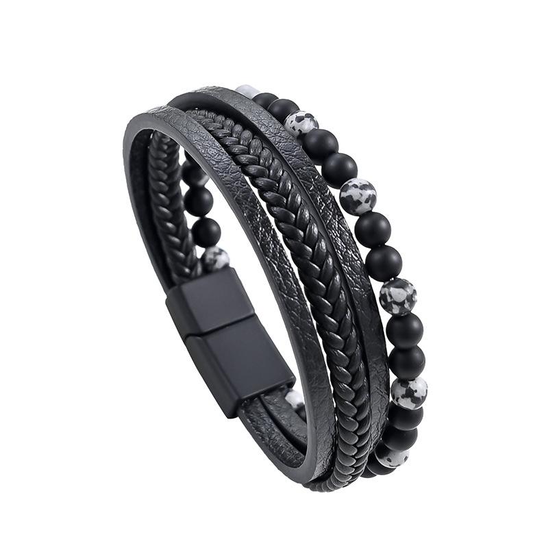 Мужской многослойный плетеный браслет с бусинами из натурального камня и кожи