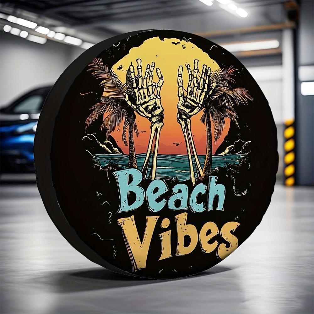 1pc Beach Vibes Skull Tire Cover - Dust-Proof Polyester Fabric, Fun Skeleton & Palm Tree Design, Fit For Trailers, Camping Gear,