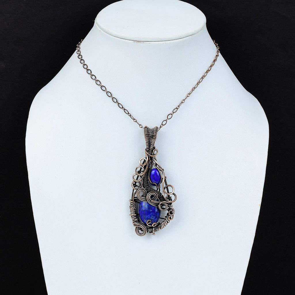 Подвеска из лазурита, ювелирное изделие из драгоценного камня ручной работы, подвеска, обернутая медной проволокой 999 пробы, ювелирная подвеска уникального дизайна
