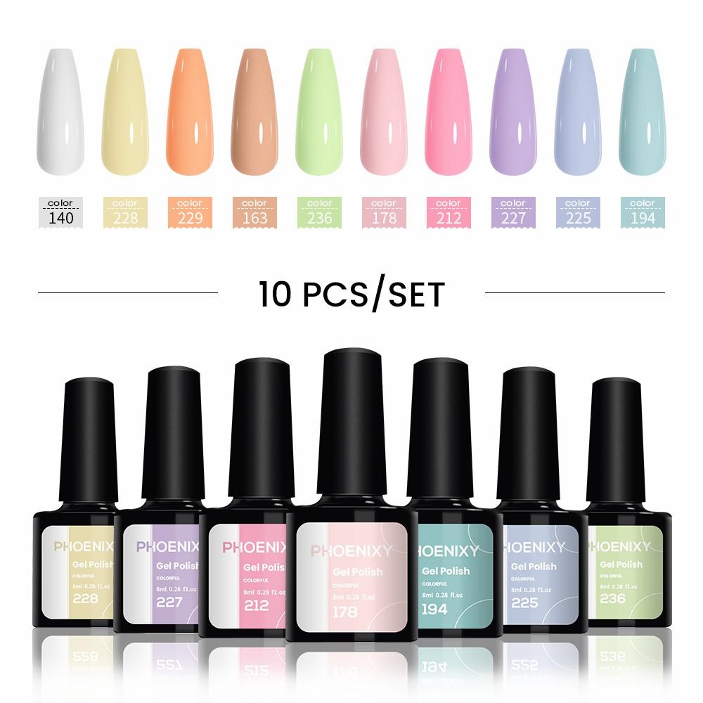 PHOENIXY Набор гель-лаков 10 цветов Soak Off Гель-набор с чистым цветом для дизайна ногтей Стартовый набор для начинающих для самостоятельного маникюра дома