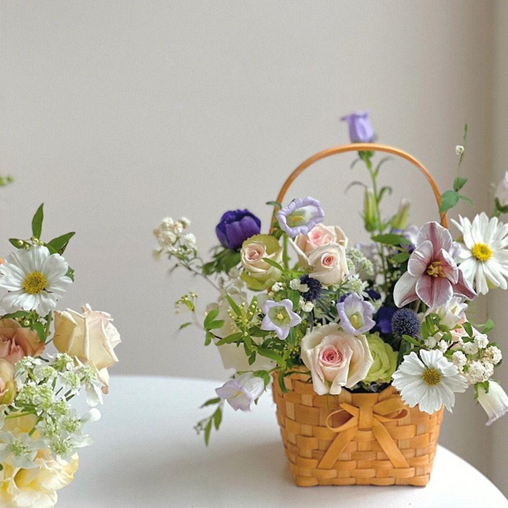 Плетеная вручную корзина для цветов с бантом, контейнер для пикника, корзина для цветочной композиции, свадьба