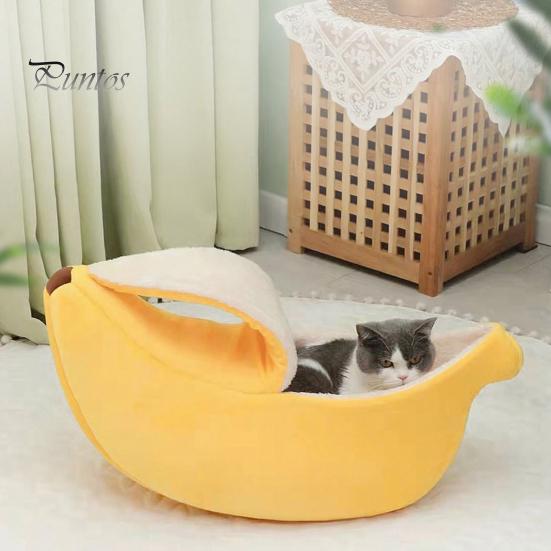 Удобная лежанка для котят, Банановая лежанка для кошек, Плюшевая пещера для питомцев с крышкой, С подкладкой из флиса, Уютное теплое спальное гнездо для зимней норки, Полузакрытые для кошек,