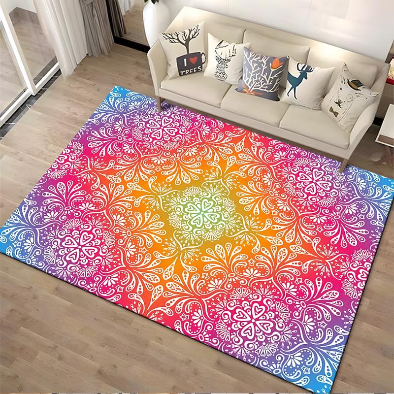 Rainbow Gradient Mandala Pattern Rug with Intricate White Designs Suitable for use as an anti-slip for living room bedroom sofas