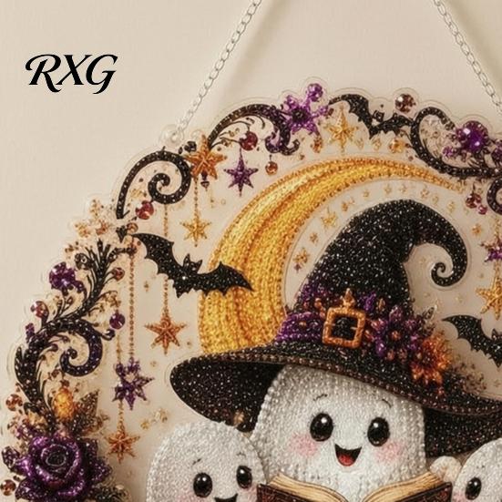 Fun Diamond Painting Activity Sets Halloween Ghost/Owl Art Hanging Ornament Kit, Indoor Holiday Decorative Accents Suncatcher, DIY Pendant Window