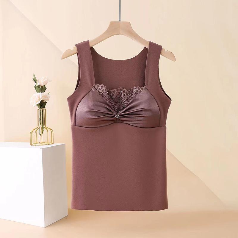 Autumn Winter New Lace Bra Women's Tank Top Integrated Heat-Resisting Plush Thickened and Traceless Warm Underwear Sleeveless