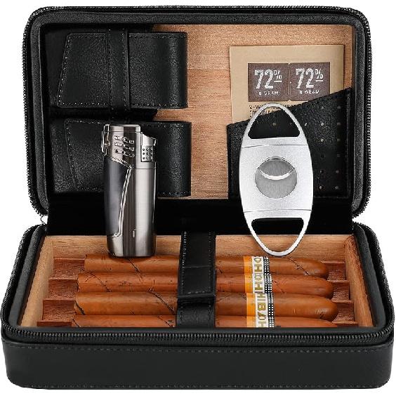 Cigar Travel Humidor, Cedar Wood Leather Cigar Case with Cigar Accessories Gift Set, Brown