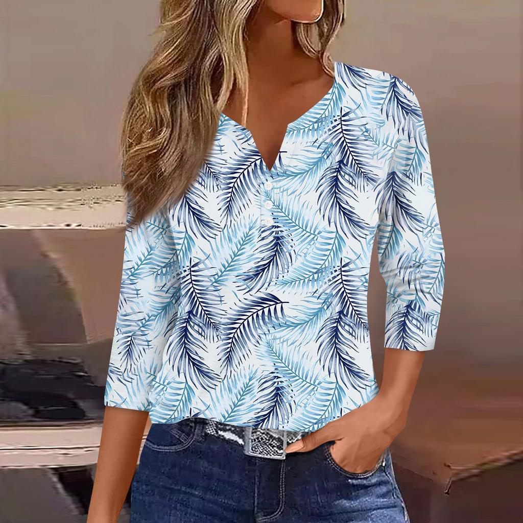 Жен. Футболка Футболка С принтом Пуговицы Рукав 3/4 Повседневные Выходные Мода Классический Классический V-образный вырез Обычный Верх