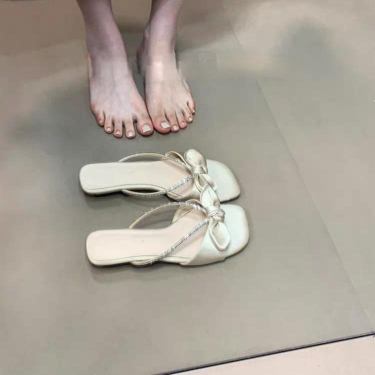 Summer new cool slippers women's bow rhinestone strap thick heel versatile sweet gentle square head one-word drag