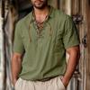 Summer Men's Cotton Linen 100% Shirt Solid Color Lace-up Turn-down Collar Shirt Linen Shirt Top