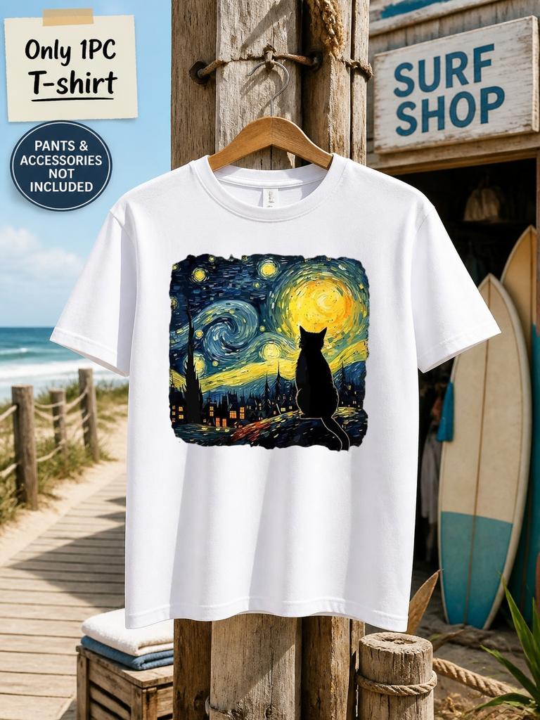 1pc Mens Graphic T Shirt Van Gogh Style Starry Night Inspired Black Cat Print Short Sleeve Crew Neck