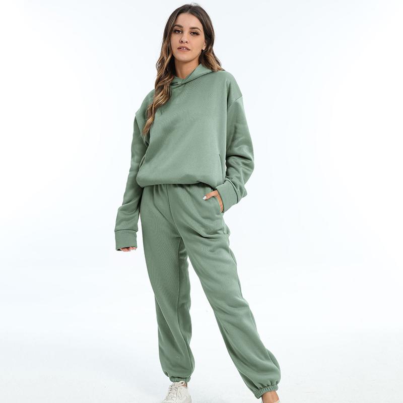 Осень-зима, толстовки, женский комплект из двух предметов, повседневный брючный костюм, свободные брюки с длинными рукавами и верхними карманами, однотонный спортивный костюм