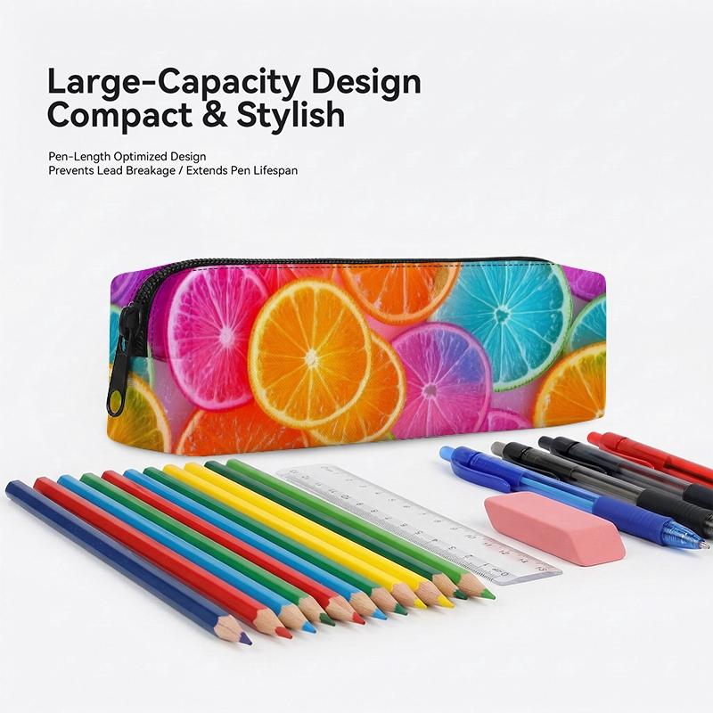 DIY Orange Pattern Large Capacity Zipper Closure Portable Pencil Case for Schools and Offices Polyester for Students