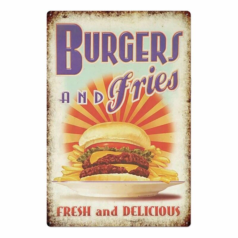 Hamburger Metal Tin Sign Plaque Vintage Burgers and Fries Metal Plate Poster Kitchen Restaurant Shop Wall Decor