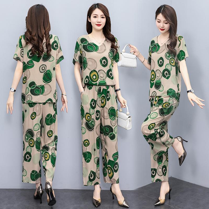 Женский летний костюм среднего возраста, новые элегантные комплекты из двух предметов, женские наряды, свободный винтажный комплект с широкими брюками с принтом