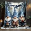 1PC Custom Name Winter Gnome Trio outdooor Flannel blankets Throw Blanket All-Season Throw Gift Bedspread for Couch, Bed, Camping Holiday Birthda
