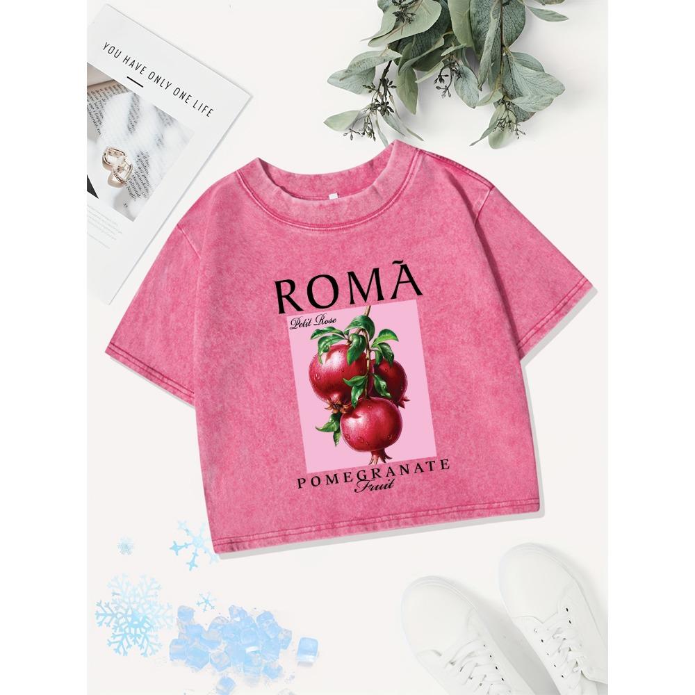Street Cotton Crop Tops Womens Roma Fruit Pomegranateprinting Washed T-Shirt Sexy Regular Fit Clothes