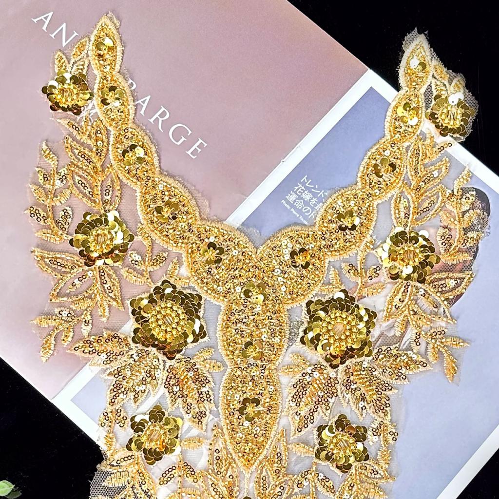 Heavy Industry Beaded Sequins Flowers Gold Clothing Patches Accessories Stage Performance Clothing Collar Decoration Cloth Stickers