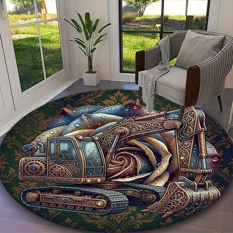 1pc Digital Printed Chair Rug for Home Office Use, Blue Balance Excavator Carpet Appropriate for All Seasons, Soft Round Carpet