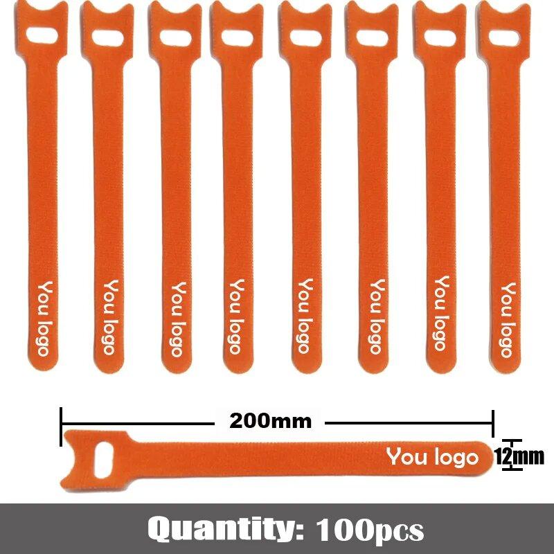 100pcs 200mm Customized LOGO nylon Reverse buckle hook loop fastener cable ties strap sticky Line finishing print your logo
