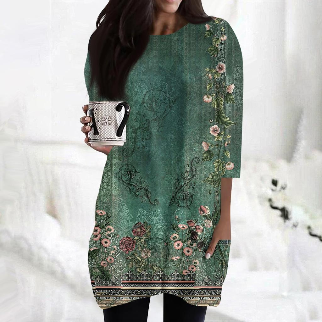 Женские повседневные рубашки с рукавами 3/4, модные туники с принтом, топы с карманами