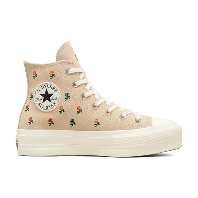 Converse Chuck Taylor All Star Lift Platform High Embroidered Roses Women Sneakers Tan Farro Egret A04300C