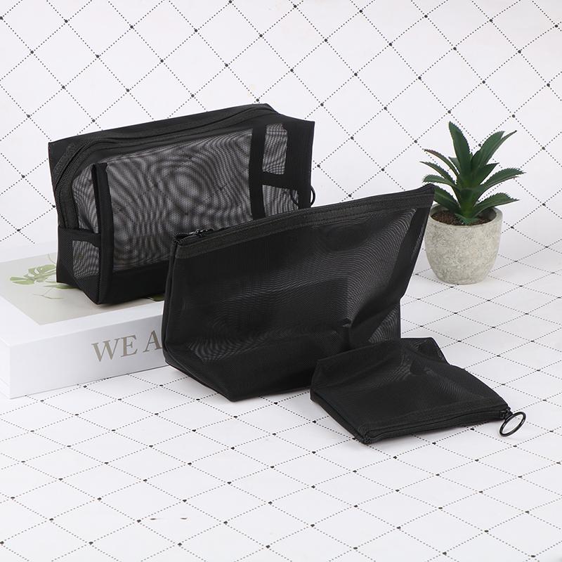 1Pc Black Transparent Mesh Makeup Case Organizer Storage Pouch Casual Zipper Toiletry Wash Bag Make Up Women Travel Cosmetic Bag