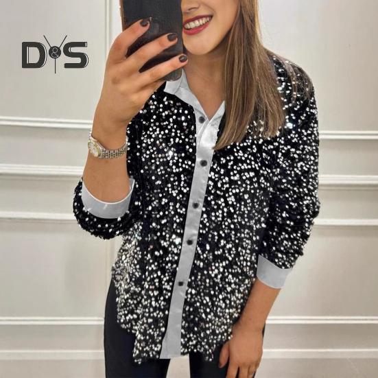Women Sparkling Shirt Lapel Long Sleeve Single Breasted Shirt Tops Shiny Sequins Embellished Party Stage Blouse