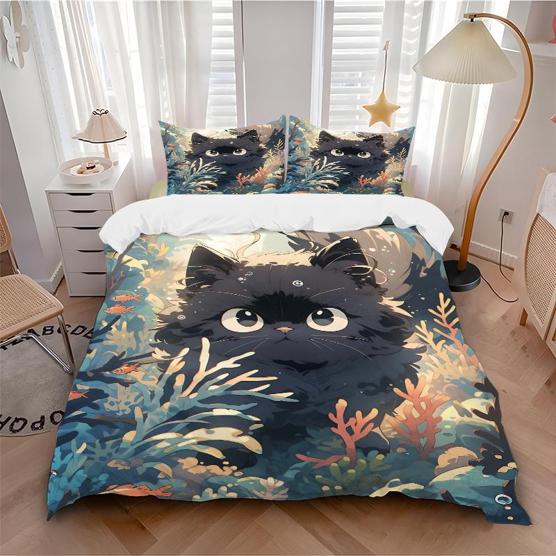 3pcs Temperamental Black Cat Bedding Set - Includes Quilt Cover and Pillowcases, Suitable for All Seasons, Machine Washable - Ideal Gift for