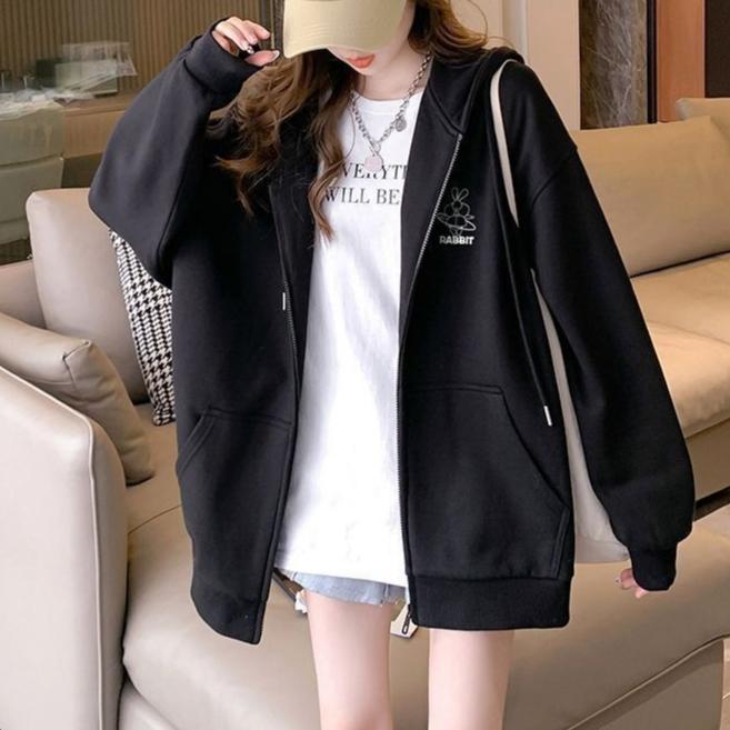 Embroidered Pattern Hooded Sweatshirt Women's Autumn and Winter Zippered Fleece Top