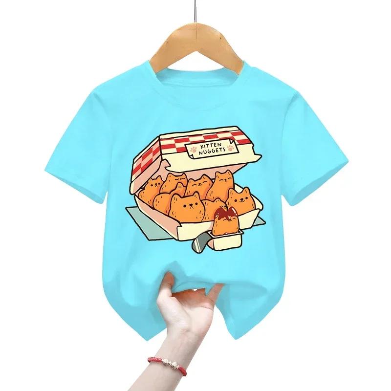 Футболка с изображением котят Kitten Nuggets Fast Food Cat Футболки для девочек Детские модные футболки Забавные футболки с изображением котов Футболки с рисунками из мультфильмов для мальчиков Одежда