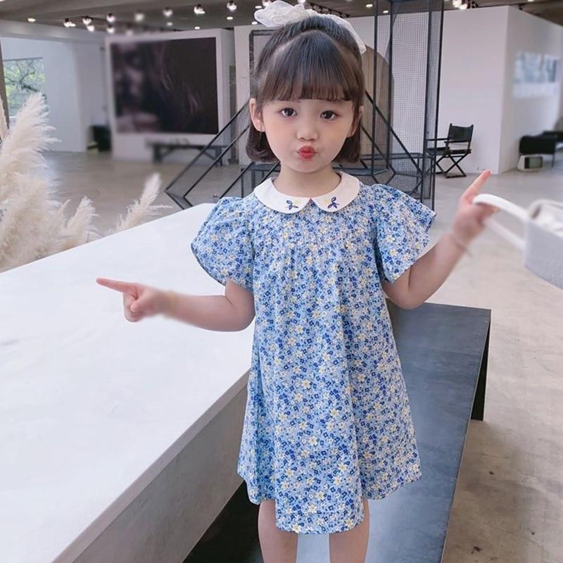 Летнее платье с цветочным принтом для маленьких девочек, милые платья с рукавами-лепестками и вышивкой, трапециевидные платья принцессы с воротником Питера Пэна, детская одежда, От 3 до 8 лет