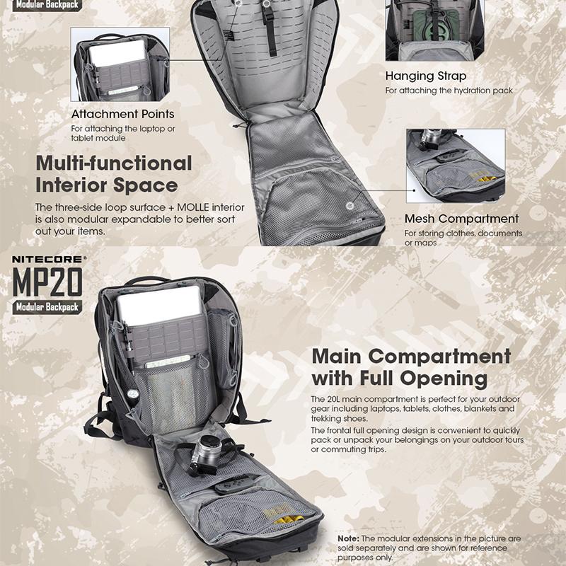 NITECORE Модульный расширяемый рюкзак MP20 емкостью 20 л, водонепроницаемый, дышащий нейлон 500D, S-образные плечевые ремни