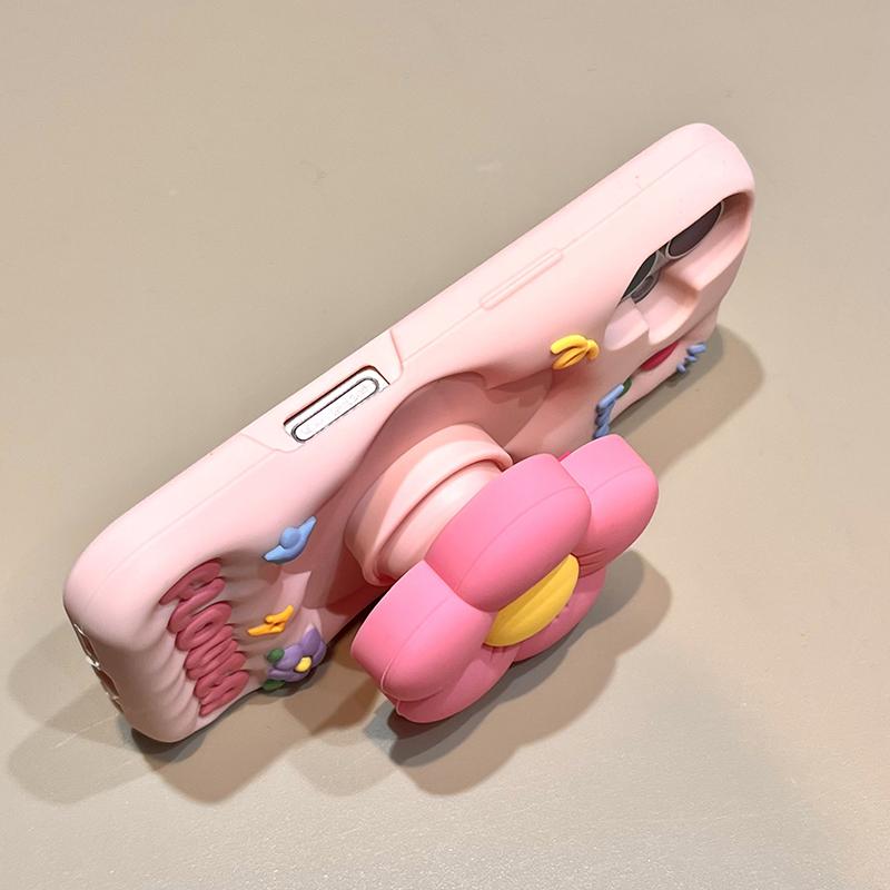 Cute 3D Flower Holder Stand Soft Silicone Phone Case For iPhone 13 14 15 16 17 Pro Max Shockproof Back Cover