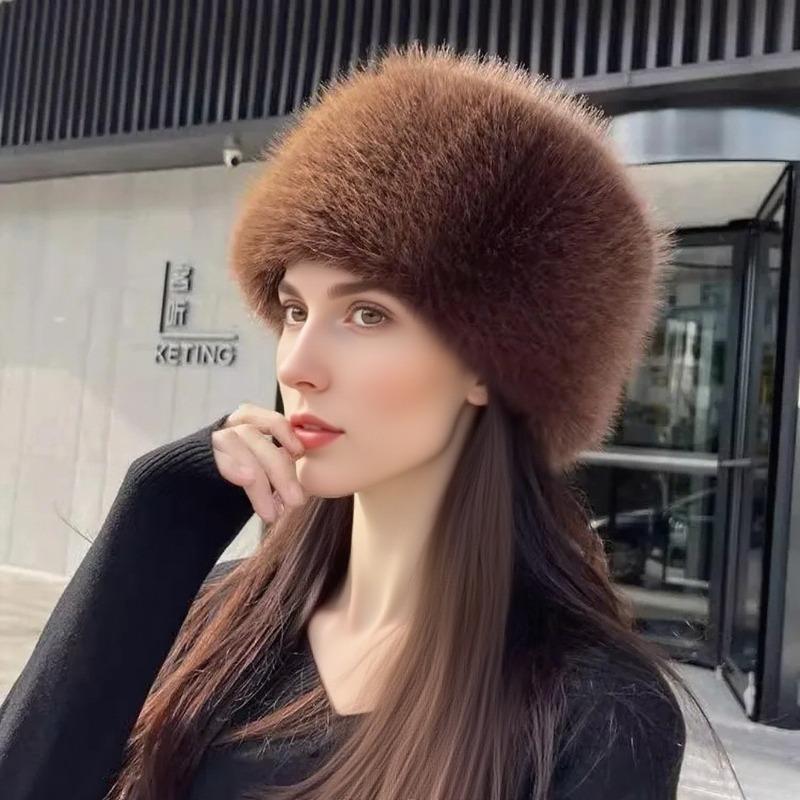 Winter Fluffy Imitation Fur Thickened for Keep Warmth Plush Bucket Hats Women Fashion Outdoor Skiing Ear Protection No Eaves Hat