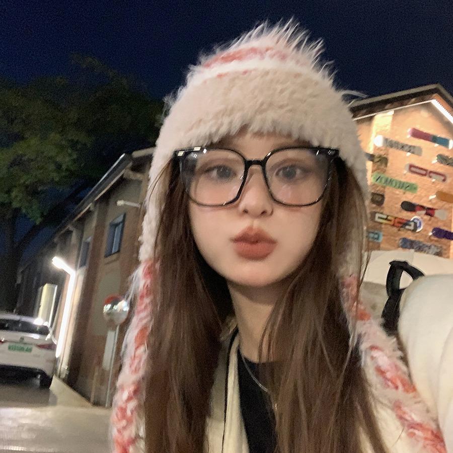 Autumn and Winter Striped Splicing Wool Hat Women's Velvet Thickened Warm Ear Protection Big Head Circumference Lei Feng Knitted Hat