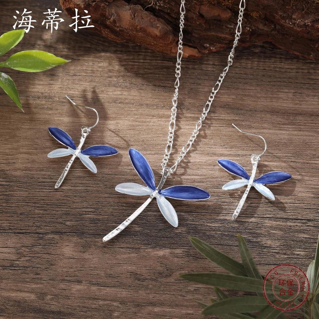 Luxury new color painting oil dragonfly stud earrings pendant set, fresh and beautiful women's versatile necklace set